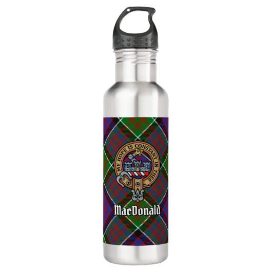 Clan MacDonald van Clanranald Crest over Tartan Waterfles (Voorkant)