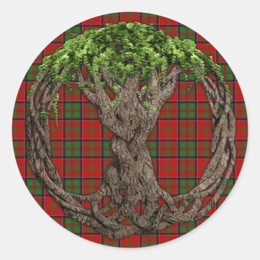 Clan MacDonald van Glencoe Tartan en Celtic Tree Ronde Sticker (Voorkant)