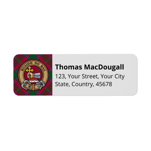 Clan MacDougall Crest over Tartan Etiket (Voorkant)