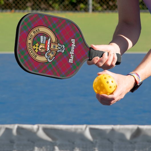 Clan MacDougall Crest over tartan Pickleball Paddle (Insitu)