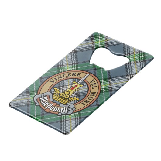 Clan MacDowall Crest over Tartan Creditkaart Flessenopener (Voorkant Gekanteld)