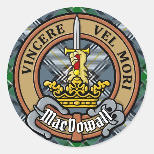 Clan MacDowall Crest over Tartan Ronde Sticker (Voorkant)