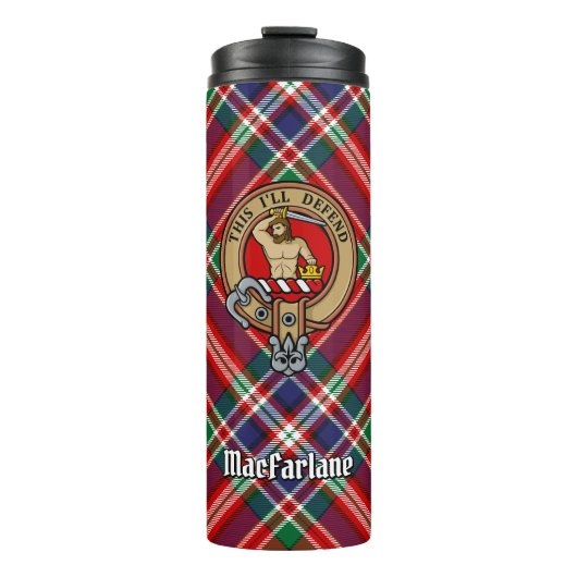 Clan MacFarlane Crest boven Tartan Thermosbeker (Voorkant)