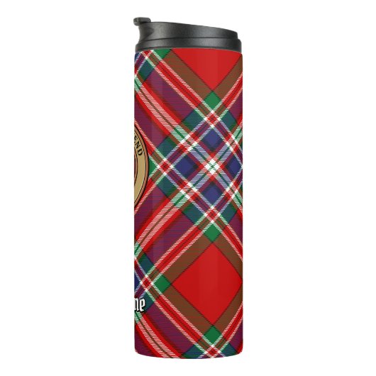 Clan MacFarlane Crest boven Tartan Thermosbeker (Geroteerd rechts)