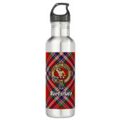 Clan MacFarlane Crest boven Tartan Waterfles (Voorkant)