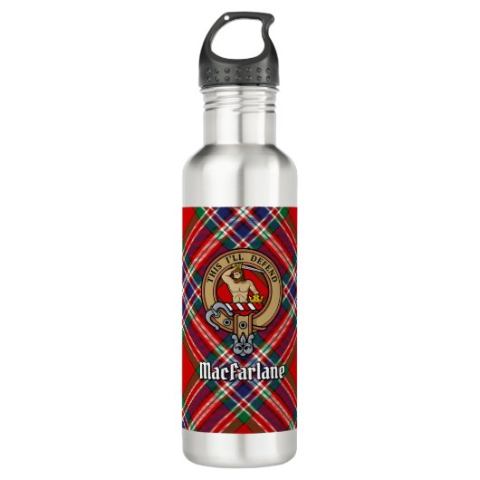 Clan MacFarlane Crest boven Tartan Waterfles (Voorkant)