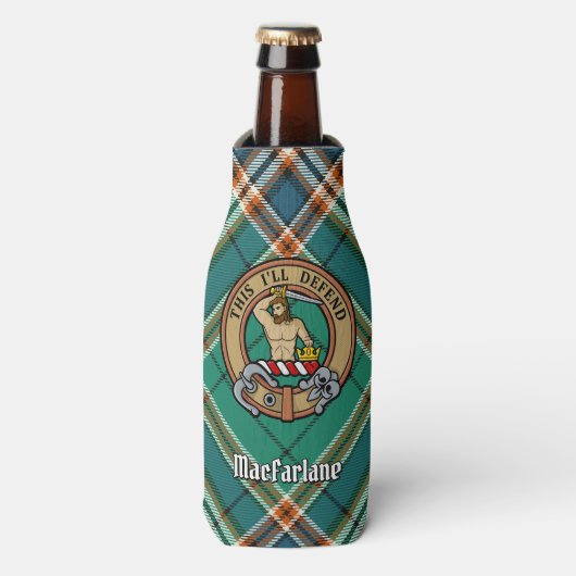 Clan MacFarlane Crest over de oude jacht Tartan Flesjeskoeler (Fles Voorkant)