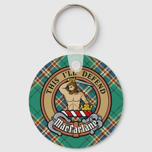 Clan MacFarlane Crest over de oude jacht Tartan Sleutelhanger (Voorkant)