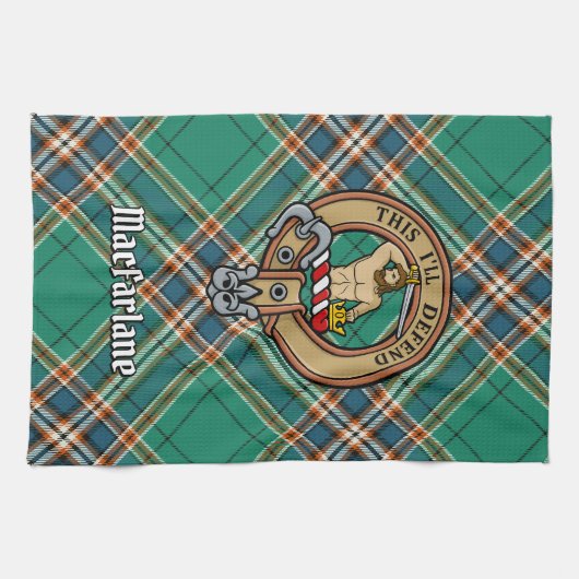 Clan MacFarlane Crest over de oude jacht Tartan Theedoek (Horizontaal)