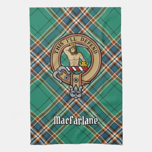 Clan MacFarlane Crest over de oude jacht Tartan Theedoek (Verticaal)