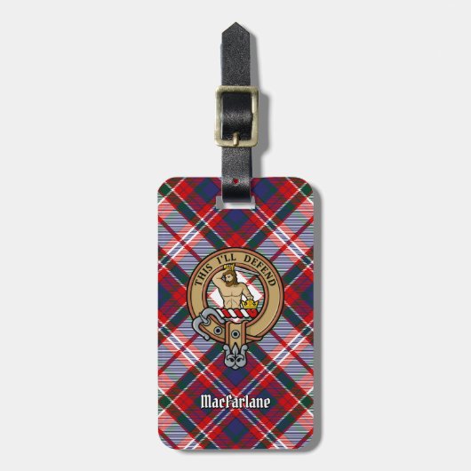 Clan MacFarlane Crest over Jurk Tartan Bagagelabel (Voorkant verticaal)