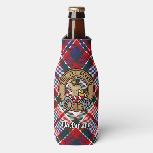 Clan MacFarlane Crest over Jurk Tartan Flesjeskoeler (Fles Voorkant)