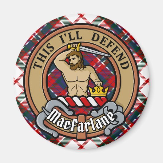 Clan MacFarlane Crest over Jurk Tartan Magneet (Voorkant)
