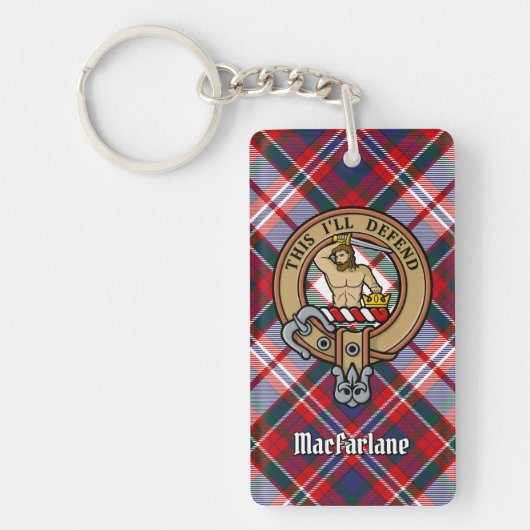 Clan MacFarlane Crest over Jurk Tartan Sleutelhanger (Voorkant)