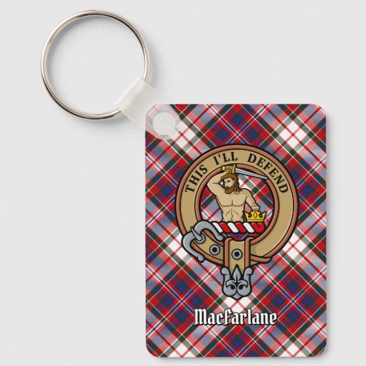 Clan MacFarlane Crest over Jurk Tartan Sleutelhanger (Voorkant)
