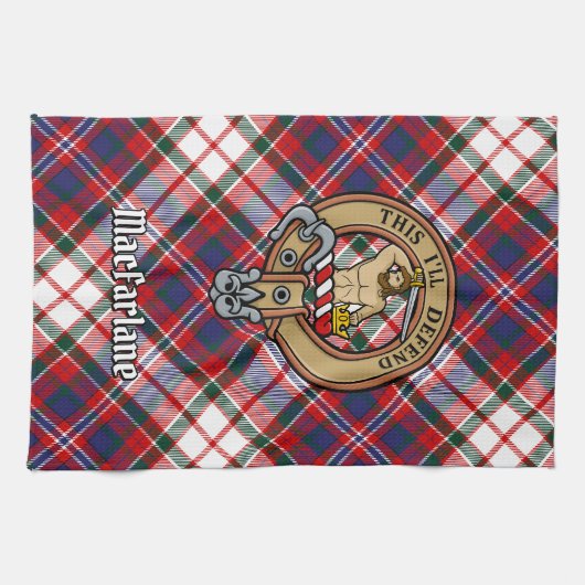 Clan MacFarlane Crest over Jurk Tartan Theedoek (Horizontaal)