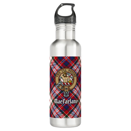 Clan MacFarlane Crest over Jurk Tartan Waterfles (Voorkant)