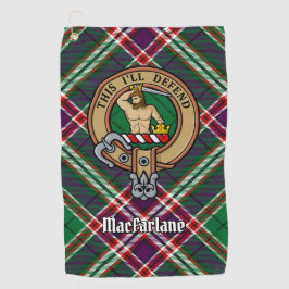 Clan MacFarlane Crest over moderne jacht Tartan Golfhanddoek