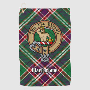Clan MacFarlane Crest over moderne jacht Tartan Golfhanddoek