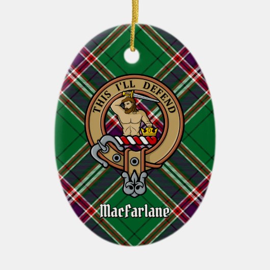 Clan MacFarlane Crest over moderne jacht Tartan Keramisch Ornament (Voorkant)