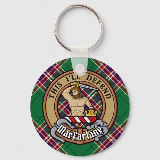 Clan MacFarlane Crest over moderne jacht Tartan Sleutelhanger (Voorkant)