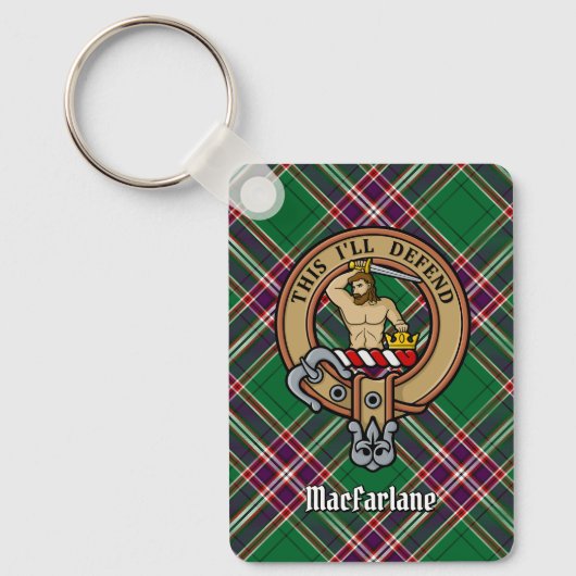 Clan MacFarlane Crest over moderne jacht Tartan Sleutelhanger (Voorkant)