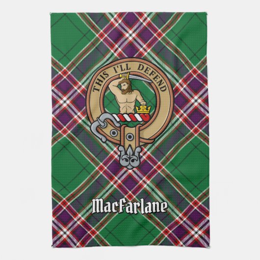 Clan MacFarlane Crest over moderne jacht Tartan Theedoek (Verticaal)