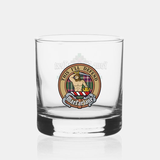 Clan MacFarlane Crest over moderne jacht Tartan Whisky Glas (Voorkant)