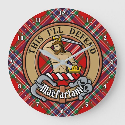 Clan MacFarlane Crest over Rode Tartan Grote Klok (Voorkant)