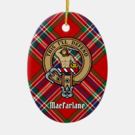 Clan MacFarlane Crest over Rode Tartan Keramisch Ornament