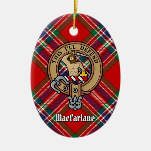 Clan MacFarlane Crest over Rode Tartan Keramisch Ornament (Voorkant)