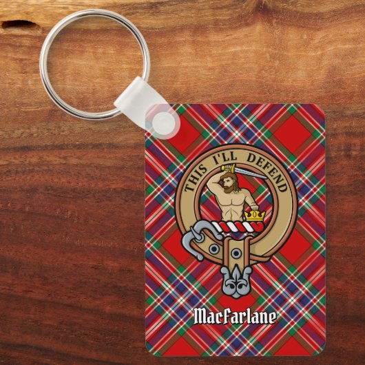 Clan MacFarlane Crest over Rode Tartan Sleutelhanger (Voorkant)