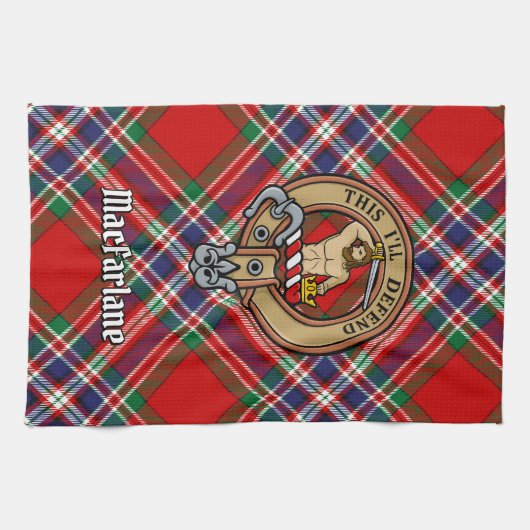 Clan MacFarlane Crest over Rode Tartan Theedoek (Horizontaal)