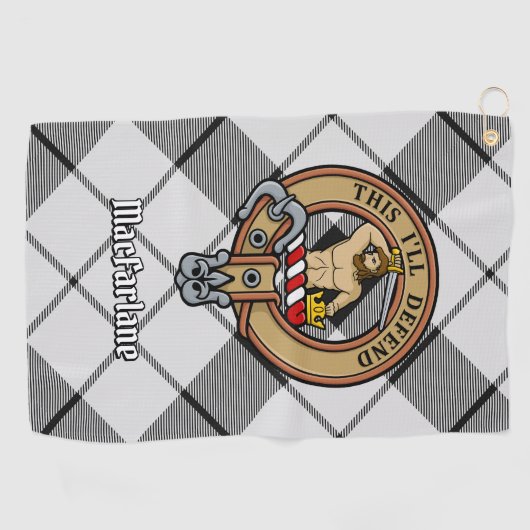 Clan MacFarlane Crest over zwart-wit tartaan Golfhanddoek (Horizontaal)