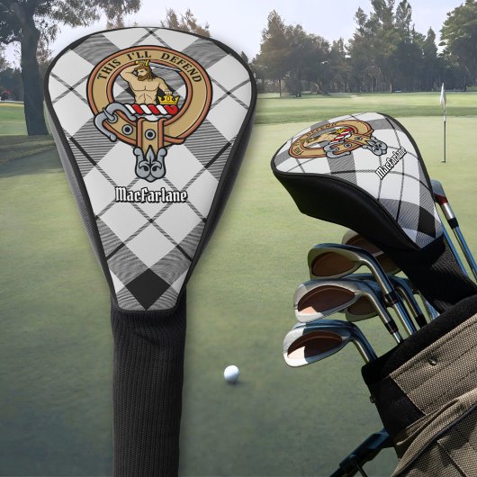 Clan MacFarlane Crest over zwart-wit tartaan Golfheadcover