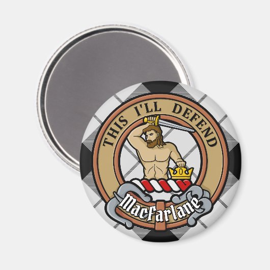 Clan MacFarlane Crest over zwart-wit tartaan Magneet (Voorkant / Achterkant)