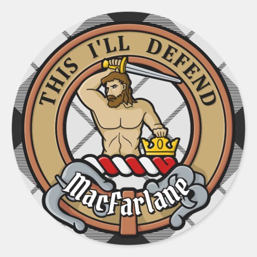 Clan MacFarlane Crest over zwart-wit tartaan Ronde Sticker (Voorkant)