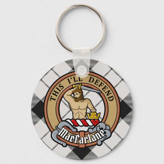 Clan MacFarlane Crest over zwart-wit tartaan Sleutelhanger (Voorkant)