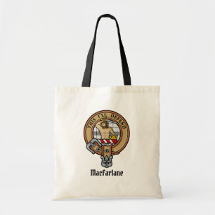 Clan MacFarlane Crest over zwart-wit tartaan Tote Bag