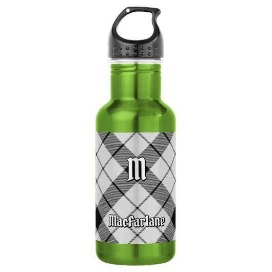 Clan MacFarlane Zwart en Wit Tartan Waterfles (Voorkant)