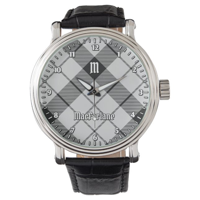 Clan MacFarlane Zwart-wit Tartan Horloge (Voorkant)