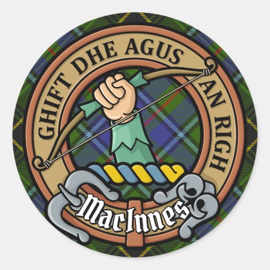 Clan MacInnes Crest over Tartan Ronde Sticker (Voorkant)