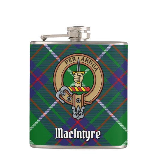Clan MacIntyre Crest over jagen Tartan Heupfles (Voorkant)