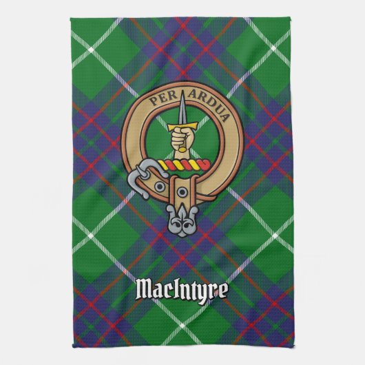 Clan MacIntyre Crest over jagen Tartan Theedoek (Verticaal)