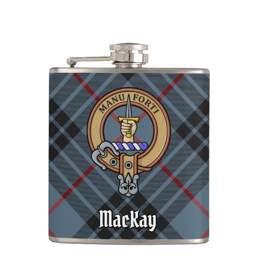 Clan MacKay Crest over Blue Tartan Heupfles (Voorkant)