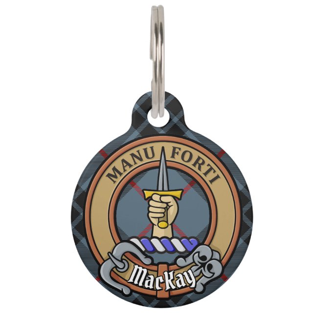 Clan MacKay Crest over Blue Tartan Huisdierpenning (Voorkant)