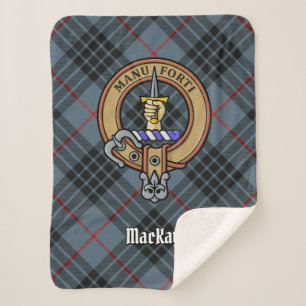 Clan MacKay Crest over Blue Tartan Sherpa Deken