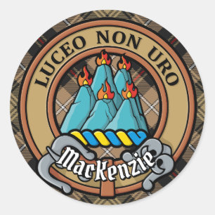 Clan MacKenzie Crest over Brown Hunting Tartan Ronde Sticker