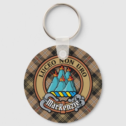 Clan MacKenzie Crest over bruine jacht Tartan Sleutelhanger (Voorkant)