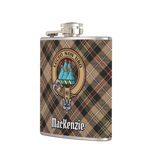 Clan MacKenzie Crest over Verweerde Jacht Tartan Heupfles (Links)